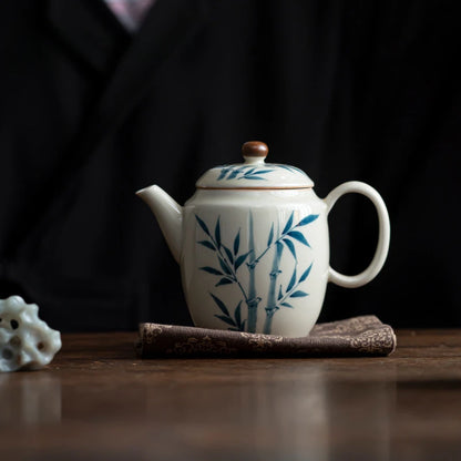 120ml Hand-painted Bamboo Art Ceramic Teapot Handmade Samll Pot Household Tea Brewing Kettle with Infuser Teaware Equipment Gift