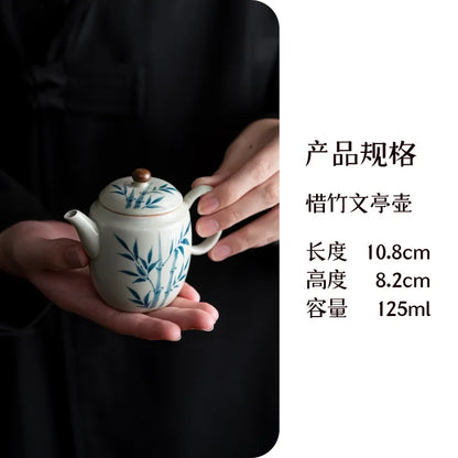120ml Hand-painted Bamboo Art Ceramic Teapot Handmade Samll Pot Household Tea Brewing Kettle with Infuser Teaware Equipment Gift