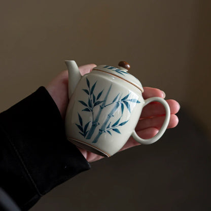 120ml Hand-painted Bamboo Art Ceramic Teapot Handmade Samll Pot Household Tea Brewing Kettle with Infuser Teaware Equipment Gift