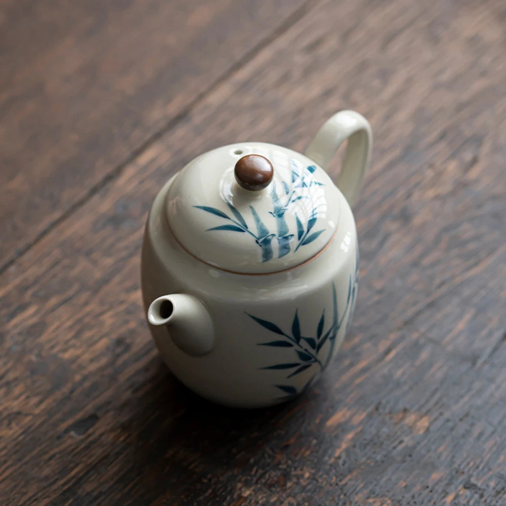 120ml Hand-painted Bamboo Art Ceramic Teapot Handmade Samll Pot Household Tea Brewing Kettle with Infuser Teaware Equipment Gift