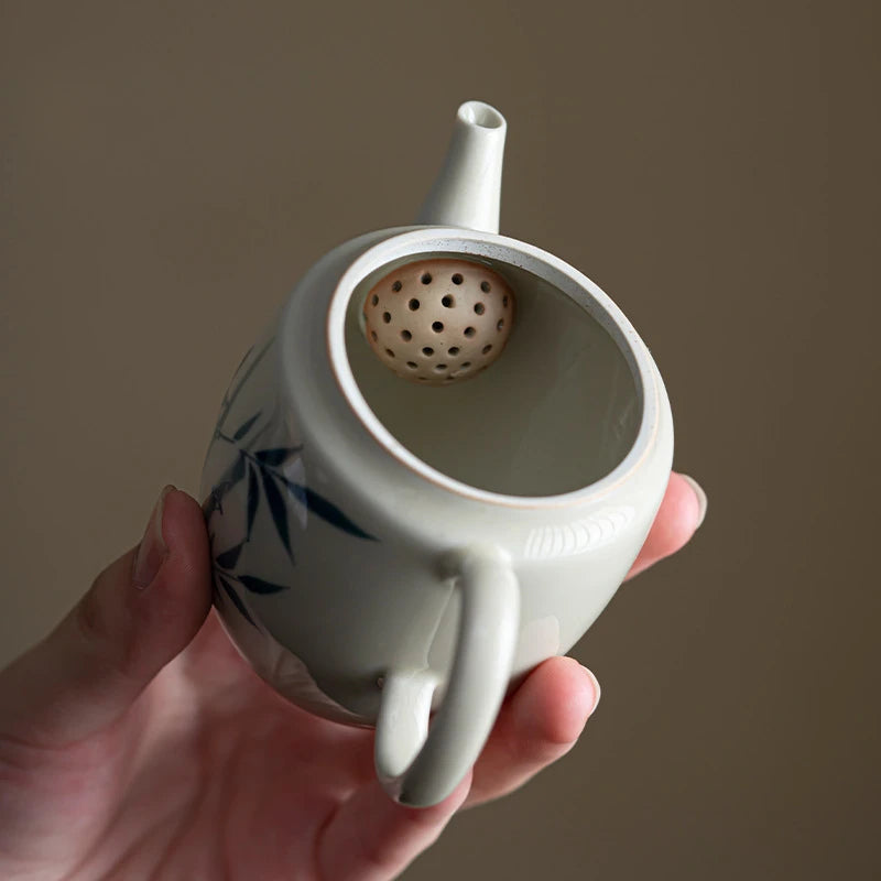 120ml Hand-painted Bamboo Art Ceramic Teapot Handmade Samll Pot Household Tea Brewing Kettle with Infuser Teaware Equipment Gift