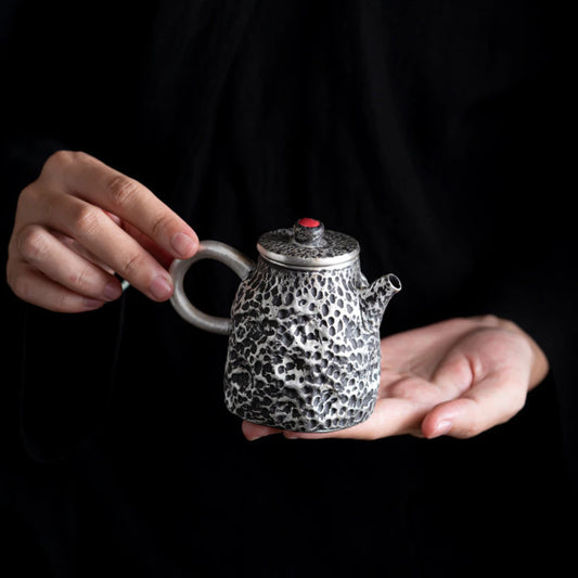 120ml Handmade Gilded Silver Black Ceramic Teapot Antique Hammer Pot Household Tea Making Kettle with Strainer Cafes Supplies