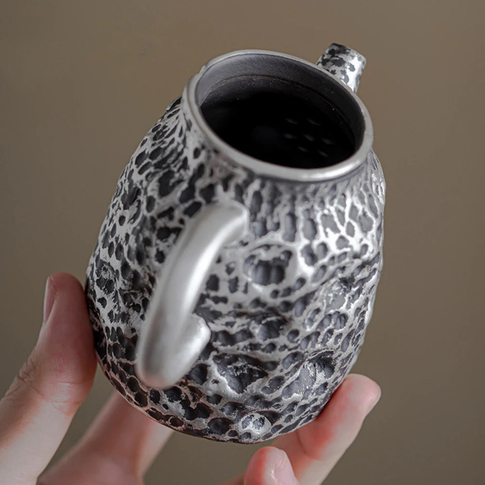 120ml Handmade Gilded Silver Black Ceramic Teapot Antique Hammer Pot Household Tea Making Kettle with Strainer Cafes Supplies