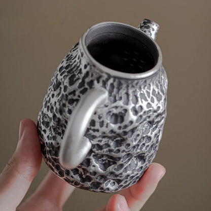 120ml Handmade Gilded Silver Black Ceramic Teapot Antique Hammer Pot Household Tea Making Kettle with Strainer Cafes Supplies
