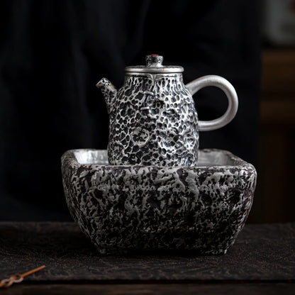 120ml Handmade Gilded Silver Black Ceramic Teapot Antique Hammer Pot Household Tea Making Kettle with Strainer Cafes Supplies