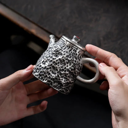 120ml Handmade Gilded Silver Black Ceramic Teapot Antique Hammer Pot Household Tea Making Kettle with Strainer Cafes Supplies
