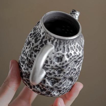 120ml Handmade Gilded Silver Black Ceramic Teapot Antique Hammer Pot Household Tea Making Kettle with Strainer Cafes Supplies