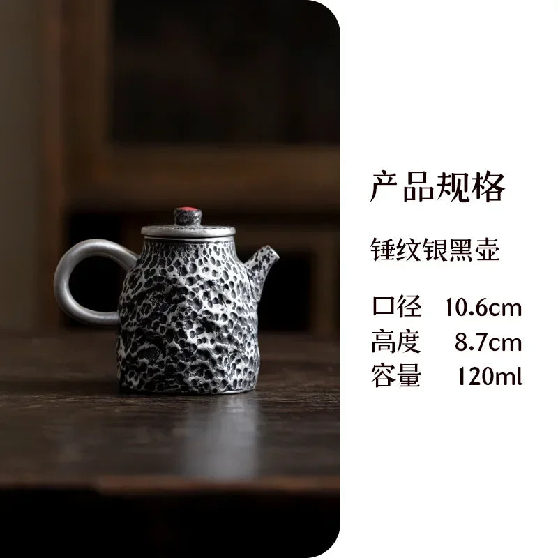 120ml Handmade Gilded Silver Black Ceramic Teapot Antique Hammer Pot Household Tea Making Kettle with Strainer Cafes Supplies