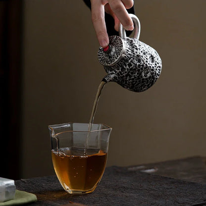 120ml Handmade Gilded Silver Black Ceramic Teapot Antique Hammer Pot Household Tea Making Kettle with Strainer Cafes Supplies