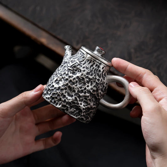 120ml Handmade Gilded Silver Black Ceramic Teapot Antique Hammer Pot Household Tea Making Kettle with Strainer Cafes Supplies