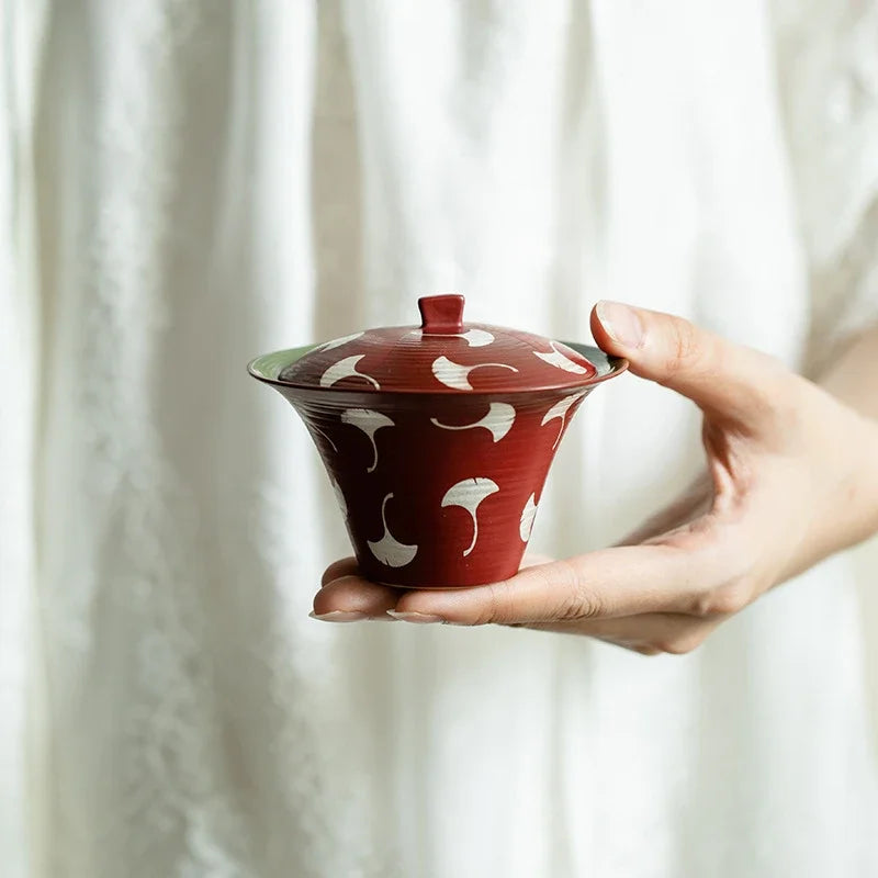 120ml Japanese Powder Yin Ceramic Tea Tureen Coarse Powder Ginkgo Leaf Tea Bowl with Lid Red Covered Bowl Tea Maker Gaiwan Gifts