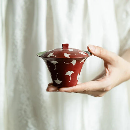 120ml Japanese Powder Yin Ceramic Tea Tureen Coarse Powder Ginkgo Leaf Tea Bowl with Lid Red Covered Bowl Tea Maker Gaiwan Gifts