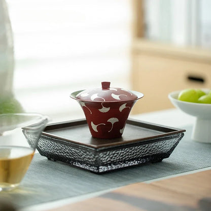 120ml Japanese Powder Yin Ceramic Tea Tureen Coarse Powder Ginkgo Leaf Tea Bowl with Lid Red Covered Bowl Tea Maker Gaiwan Gifts