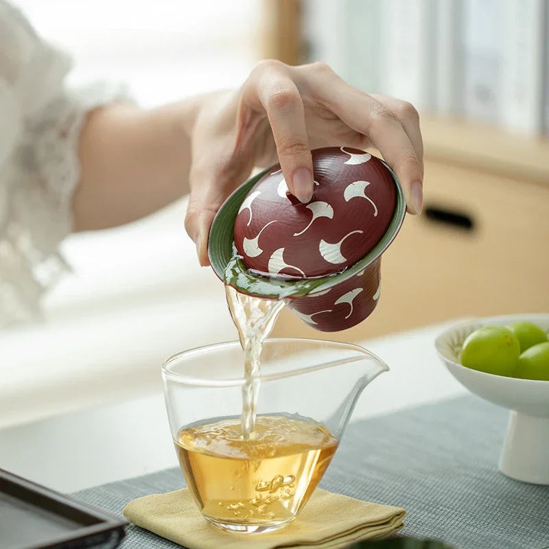 120ml Japanese Powder Yin Ceramic Tea Tureen Coarse Powder Ginkgo Leaf Tea Bowl with Lid Red Covered Bowl Tea Maker Gaiwan Gifts