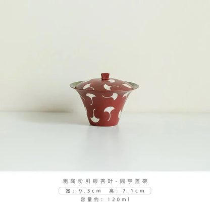 120ml Japanese Powder Yin Ceramic Tea Tureen Coarse Powder Ginkgo Leaf Tea Bowl with Lid Red Covered Bowl Tea Maker Gaiwan Gifts