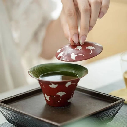 120ml Japanese Powder Yin Ceramic Tea Tureen Coarse Powder Ginkgo Leaf Tea Bowl with Lid Red Covered Bowl Tea Maker Gaiwan Gifts