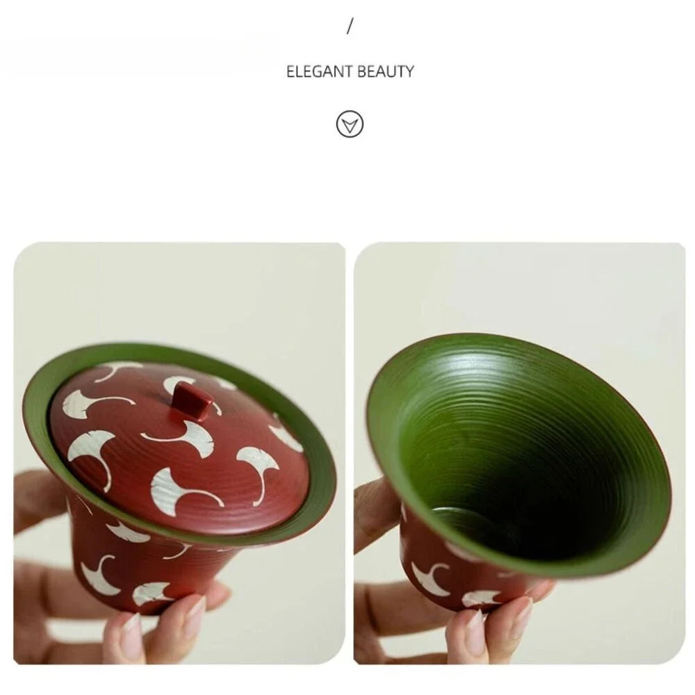 120ml Japanese Powder Yin Ceramic Tea Tureen Coarse Powder Ginkgo Leaf Tea Bowl with Lid Red Covered Bowl Tea Maker Gaiwan Gifts