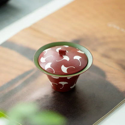 120ml Japanese Powder Yin Ceramic Tea Tureen Coarse Powder Ginkgo Leaf Tea Bowl with Lid Red Covered Bowl Tea Maker Gaiwan Gifts