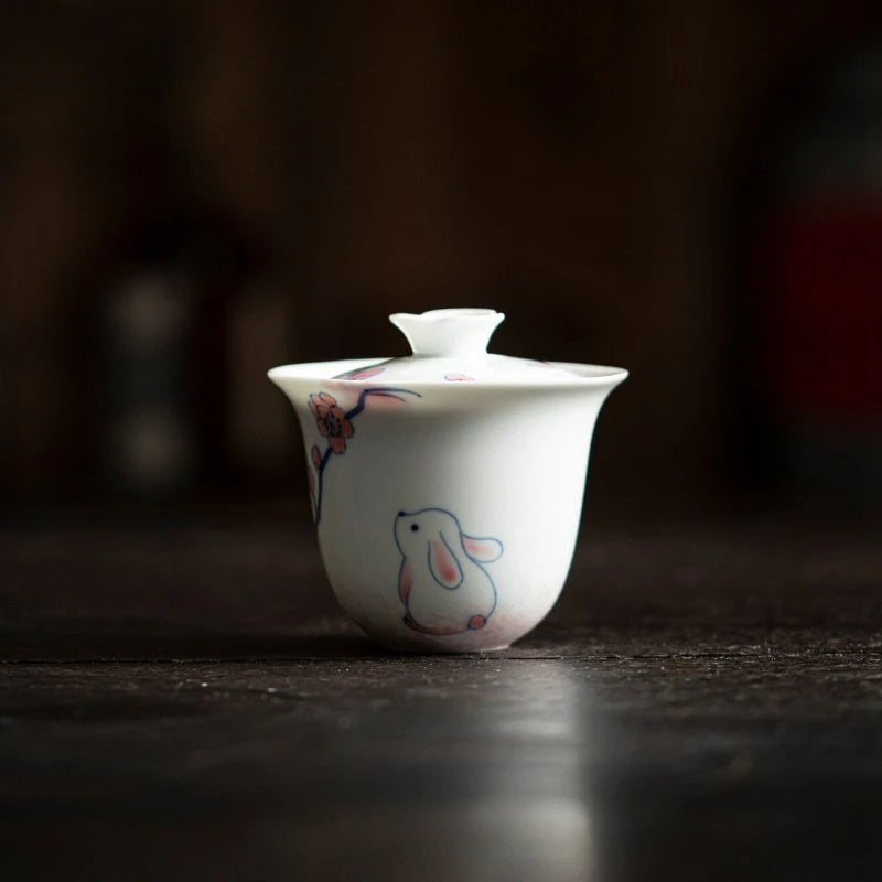 120ml Pure Hand-painted Powder Rabbit Ceramic Cover Bowl Underglaze Color Tea Bowl Ladies Tea Making Anti Scalding Gaiwan Teaset