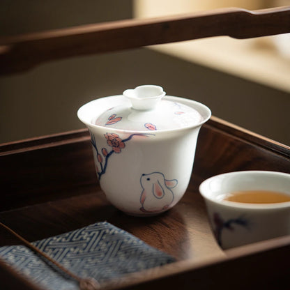 120ml Pure Hand-painted Powder Rabbit Ceramic Cover Bowl Underglaze Color Tea Bowl Ladies Tea Making Anti Scalding Gaiwan Teaset