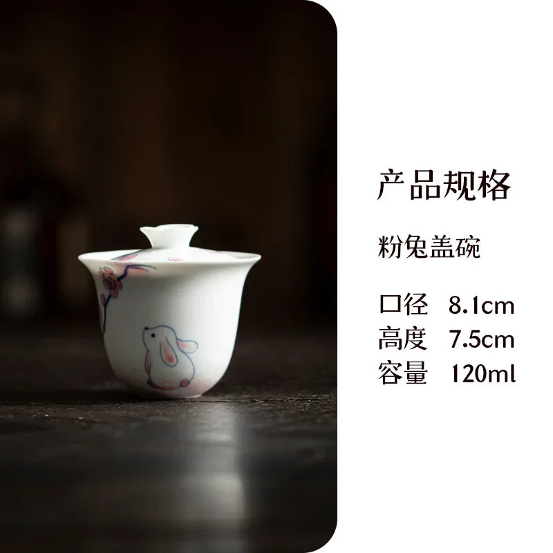 120ml Pure Hand-painted Powder Rabbit Ceramic Cover Bowl Underglaze Color Tea Bowl Ladies Tea Making Anti Scalding Gaiwan Teaset