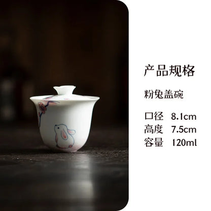 120ml Pure Hand-painted Powder Rabbit Ceramic Cover Bowl Underglaze Color Tea Bowl Ladies Tea Making Anti Scalding Gaiwan Teaset