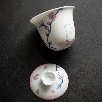 120ml Pure Hand-painted Powder Rabbit Ceramic Cover Bowl Underglaze Color Tea Bowl Ladies Tea Making Anti Scalding Gaiwan Teaset