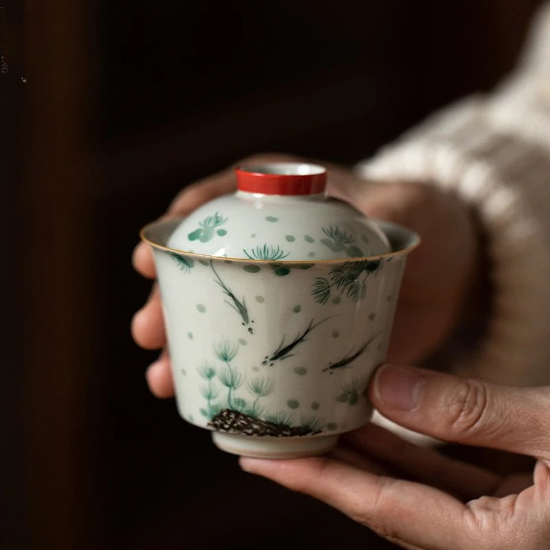 120ml Retro Grass Wood Gray Glaze Ceramic Covered Bowl Hand Painted Fish Paly Tea Bowl with Lid Chinese Tea Making Gaiwan Teaset