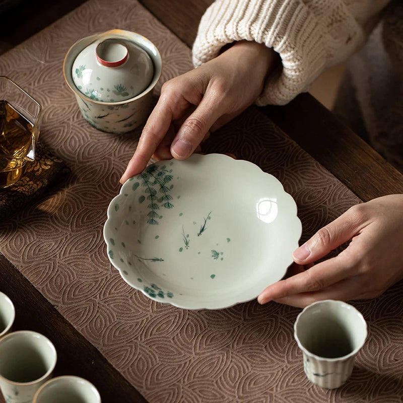 120ml Retro Grass Wood Gray Glaze Ceramic Covered Bowl Hand Painted Fish Paly Tea Bowl with Lid Chinese Tea Making Gaiwan Teaset