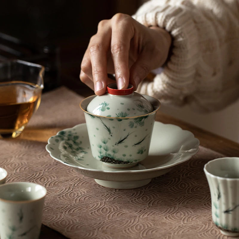 120ml Retro Grass Wood Gray Glaze Ceramic Covered Bowl Hand Painted Fish Paly Tea Bowl with Lid Chinese Tea Making Gaiwan Teaset