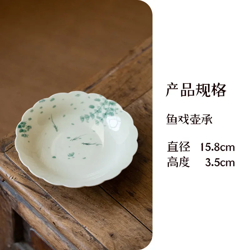120ml Retro Grass Wood Gray Glaze Ceramic Covered Bowl Hand Painted Fish Paly Tea Bowl with Lid Chinese Tea Making Gaiwan Teaset