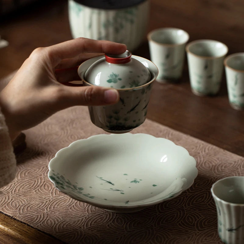 120ml Retro Grass Wood Gray Glaze Ceramic Covered Bowl Hand Painted Fish Paly Tea Bowl with Lid Chinese Tea Making Gaiwan Teaset