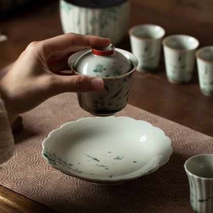 120ml Retro Grass Wood Gray Glaze Ceramic Covered Bowl Hand Painted Fish Paly Tea Bowl with Lid Chinese Tea Making Gaiwan Teaset