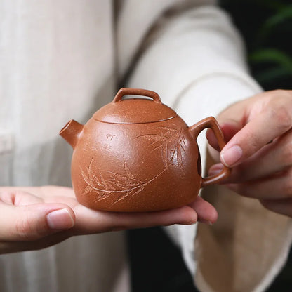120ml Yixing Purple Clay Teapots Kettle Famous Artists Hand-carved Bamboo Leaf Pattern Tea Pot Chinese Zisha Tea Set Teaware