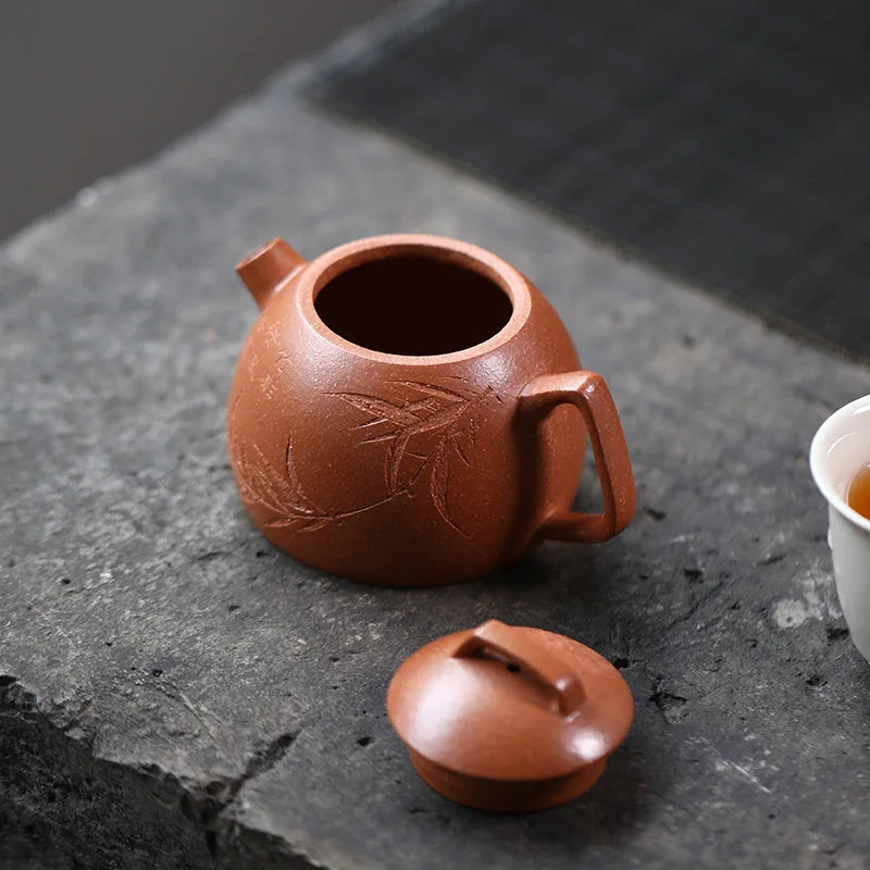 120ml Yixing Purple Clay Teapots Kettle Famous Artists Hand-carved Bamboo Leaf Pattern Tea Pot Chinese Zisha Tea Set Teaware