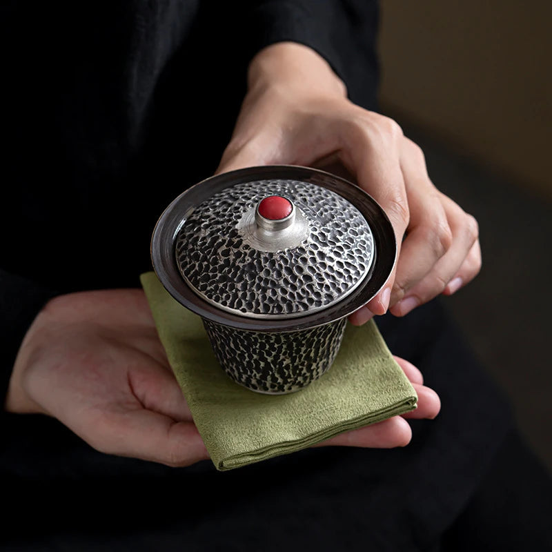 125ML Handmade Silver Black Gaiwan Antique Hammer Pattern Tea Bowl Tea Brewing Cup Tea Tureen Cover Bowl Supplies Craft Gift Box