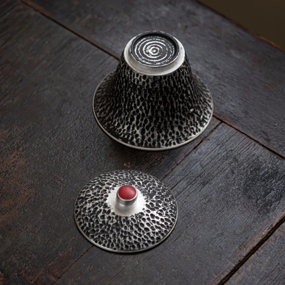 125ML Handmade Silver Black Gaiwan Antique Hammer Pattern Tea Bowl Tea Brewing Cup Tea Tureen Cover Bowl Supplies Craft Gift Box
