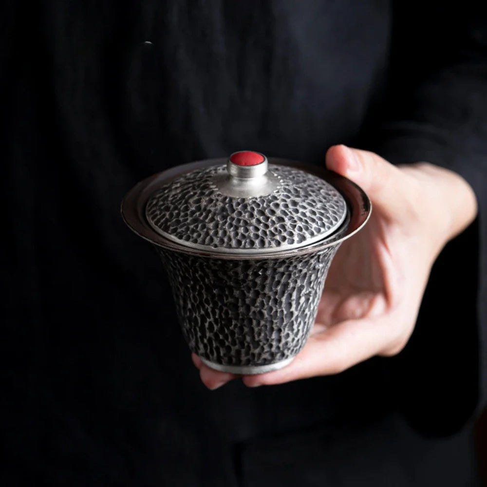125ML Handmade Silver Black Gaiwan Antique Hammer Pattern Tea Bowl Tea Brewing Cup Tea Tureen Cover Bowl Supplies Craft Gift Box