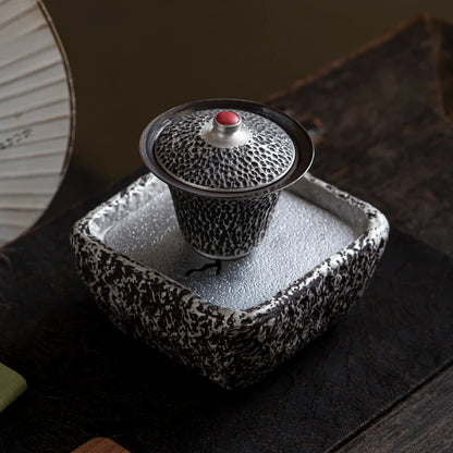 125ML Handmade Silver Black Gaiwan Antique Hammer Pattern Tea Bowl Tea Brewing Cup Tea Tureen Cover Bowl Supplies Craft Gift Box