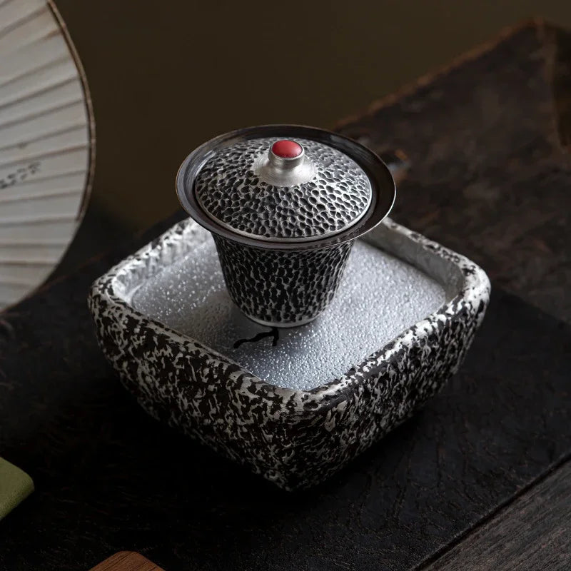 125ML Handmade Silver Black Gaiwan Antique Hammer Pattern Tea Bowl Tea Brewing Cup Tea Tureen Cover Bowl Supplies Craft Gift Box