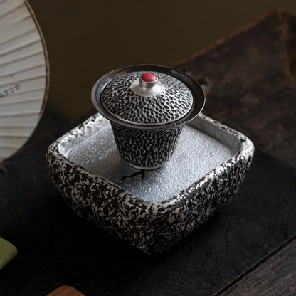 125ML Handmade Silver Black Gaiwan Antique Hammer Pattern Tea Bowl Tea Brewing Cup Tea Tureen Cover Bowl Supplies Craft Gift Box