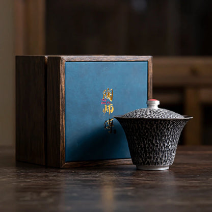 125ML Handmade Silver Black Gaiwan Antique Hammer Pattern Tea Bowl Tea Brewing Cup Tea Tureen Cover Bowl Supplies Craft Gift Box