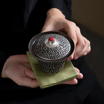 125ML Handmade Silver Black Gaiwan Antique Hammer Pattern Tea Bowl Tea Brewing Cup Tea Tureen Cover Bowl Supplies Craft Gift Box