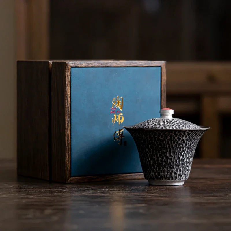 125ML Handmade Silver Black Gaiwan Antique Hammer Pattern Tea Bowl Tea Brewing Cup Tea Tureen Cover Bowl Supplies Craft Gift Box