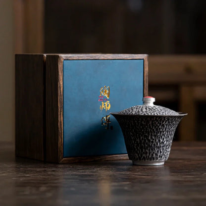 125ML Handmade Silver Black Gaiwan Antique Hammer Pattern Tea Bowl Tea Brewing Cup Tea Tureen Cover Bowl Supplies Craft Gift Box
