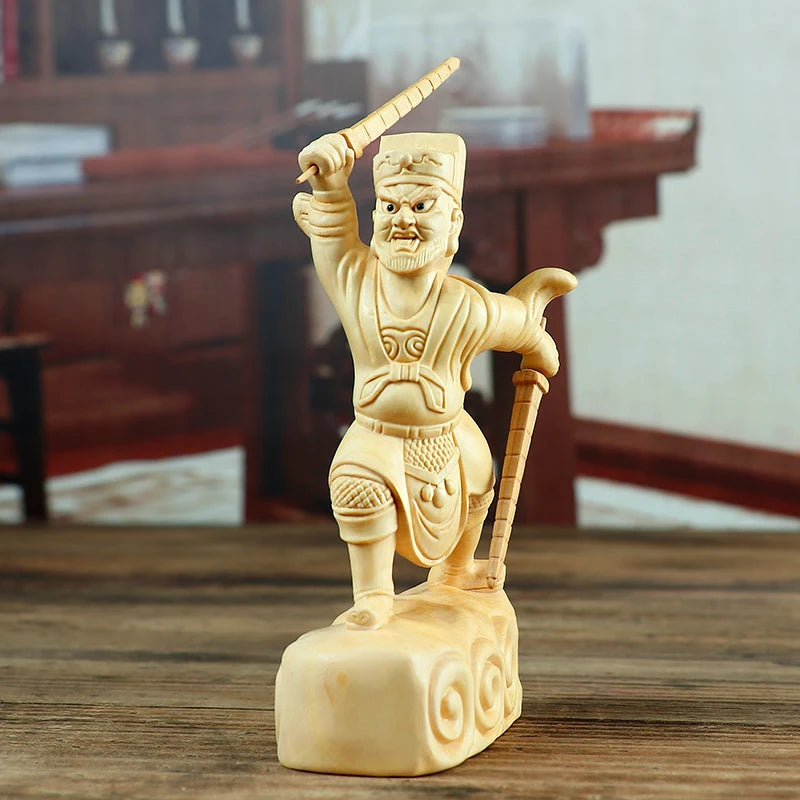 12cm Boxwood Carving Solid Wood Chinese Household Statue Craft Feng Shui Gifts Zhao Gongming God of Wealth Sculpture Home Decor