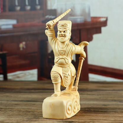 12cm Boxwood Carving Solid Wood Chinese Household Statue Craft Feng Shui Gifts Zhao Gongming God of Wealth Sculpture Home Decor
