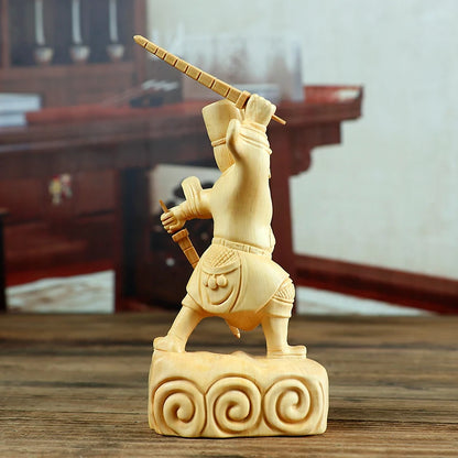 12cm Boxwood Carving Solid Wood Chinese Household Statue Craft Feng Shui Gifts Zhao Gongming God of Wealth Sculpture Home Decor