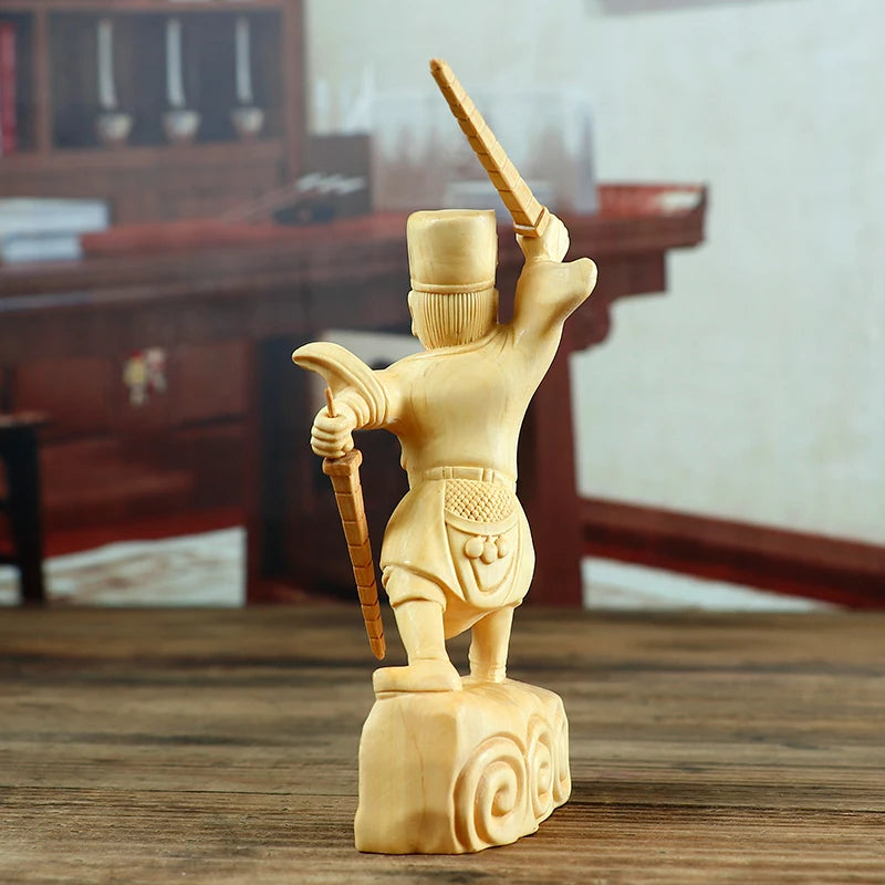 12cm Boxwood Carving Solid Wood Chinese Household Statue Craft Feng Shui Gifts Zhao Gongming God of Wealth Sculpture Home Decor