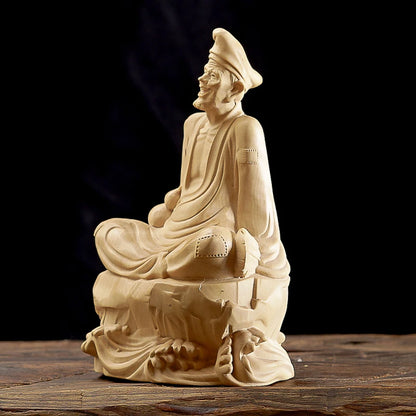 12cm Boxwood Jigong Buddha Statue Xianglong Luohan Feng Shui Monk Real Wood Sculpture Home Decor